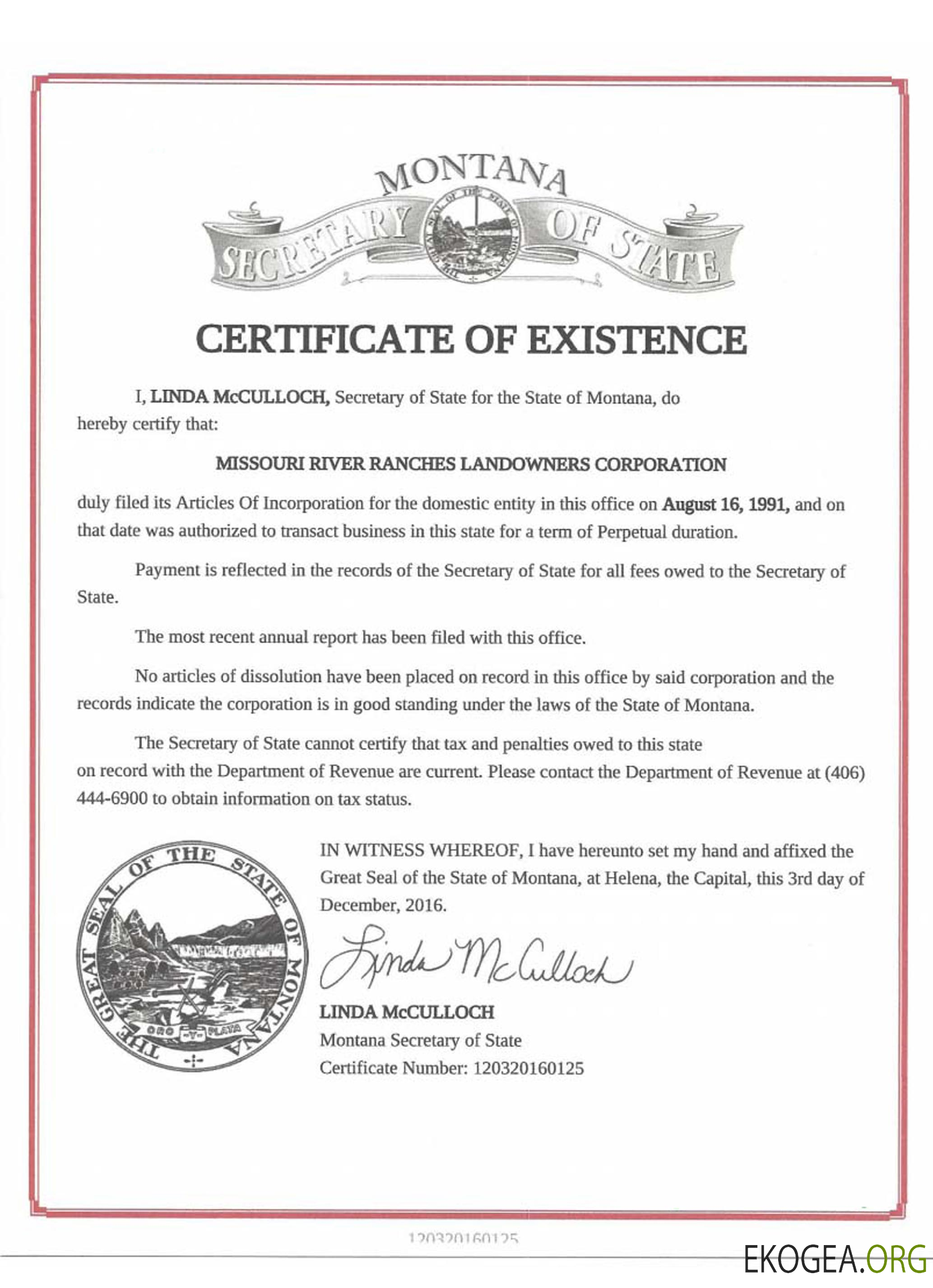 Certificat de bonne réputation USA Montana